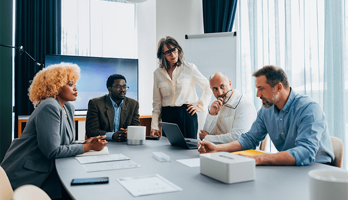 Team brainstorming in meeting room